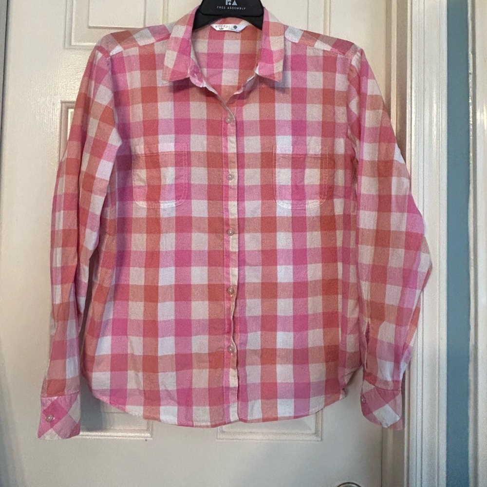 Riders by Lee Plaid Boyfriend Shirt Size XXL Orange Pink & cream Checkered